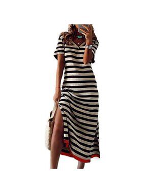 Women's Summer Short Sleeve Maxi Dress T Shirt Dress Striped Long Maxi Dress